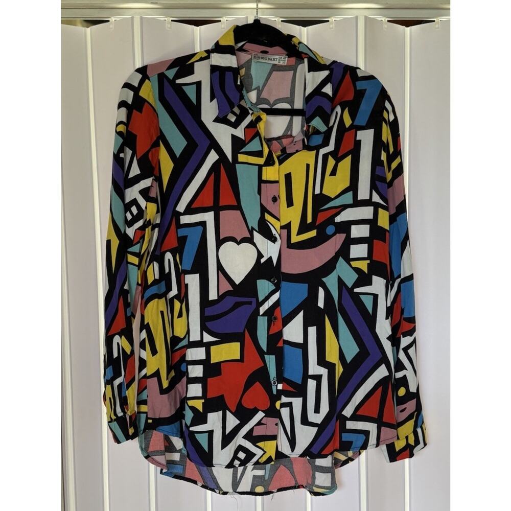 Big Dart Women's US 16 Colorful Art To Wear Blouse Top Retro Button Up Abstract